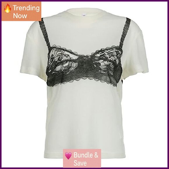 Y2K Loose Crop Top Lace Corset Print Short Sleeve Tee Streetwear - Picture 2 of 7